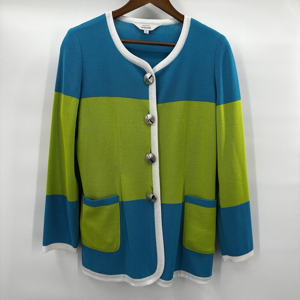 Misook Cardigan Sweater Womens Small Blue Green Button Slinky Pocket Jacket‎
